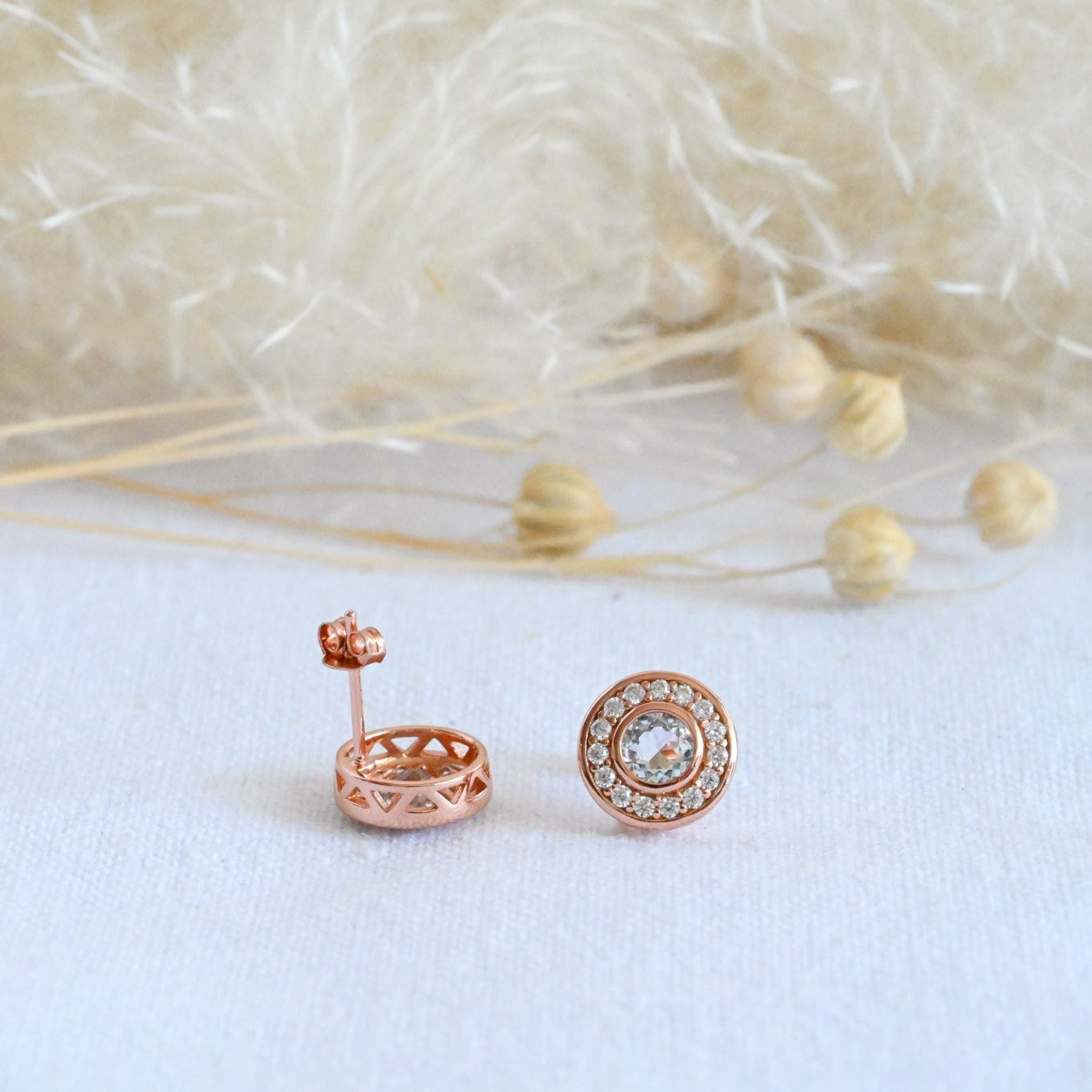 Elegante Kreis Ohrstecker 925er Silber, Roségold, natürlicher Topaz