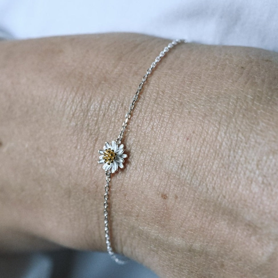 Adjustable bracelet small daisies, 925 silver, 18K gold