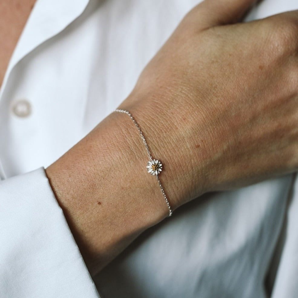 Adjustable bracelet small daisies, 925 silver, 18K gold