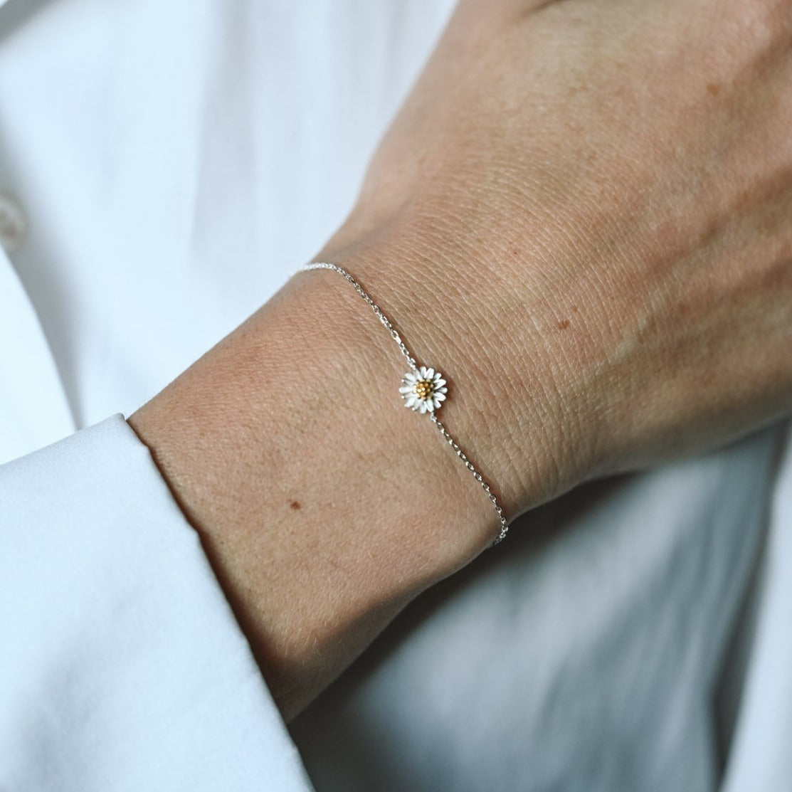 Adjustable bracelet small daisies, 925 silver, 18K gold