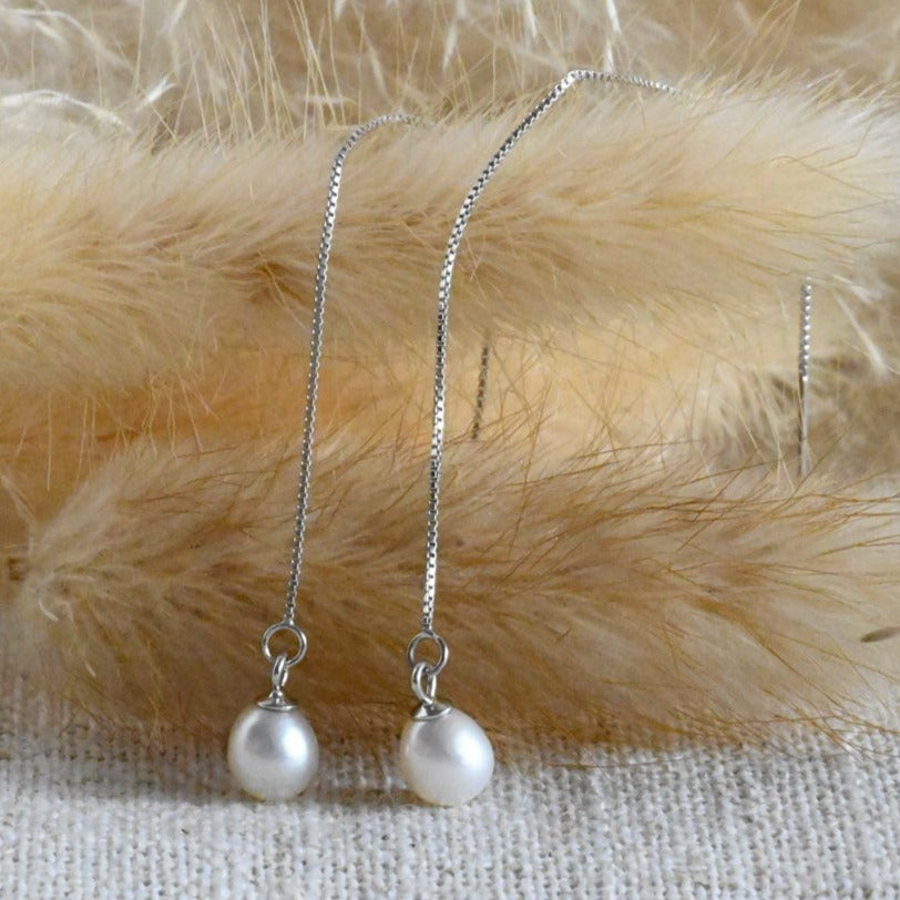 Delicate chain earrings small freshwater pearl, 925 silver, 18K gold