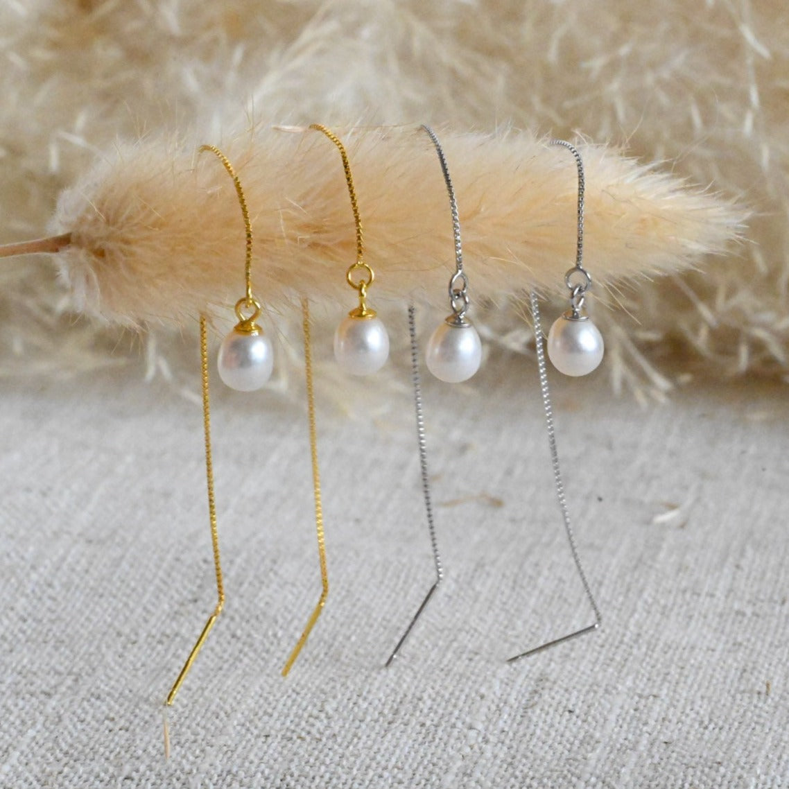 Delicate chain earrings small freshwater pearl, 925 silver, 18K gold