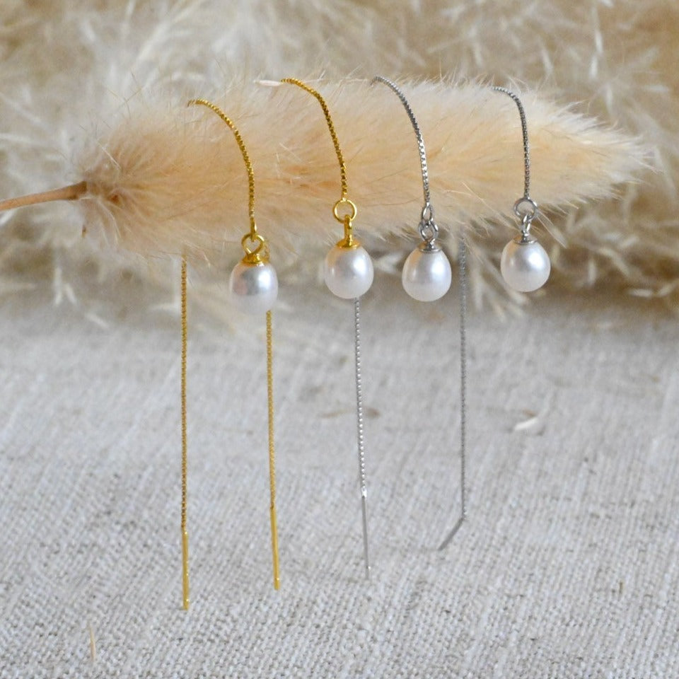 Delicate chain earrings small freshwater pearl, 925 silver, 18K gold
