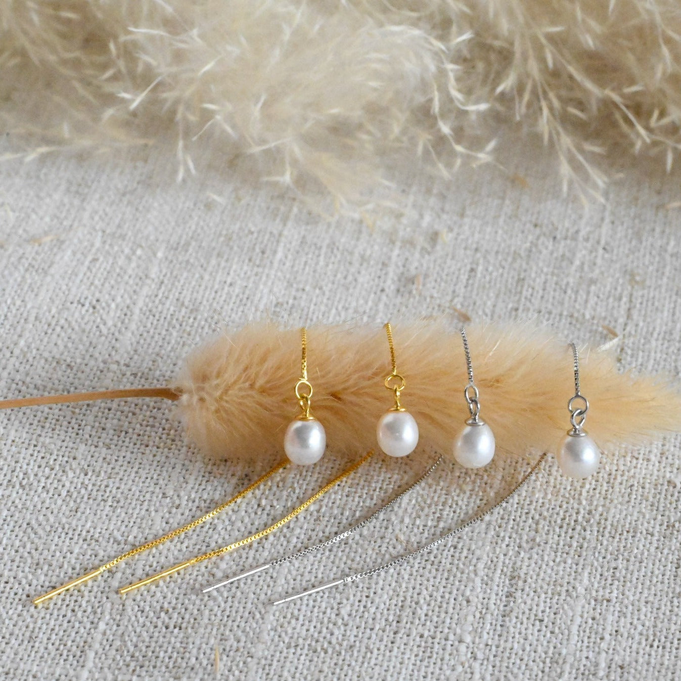 Delicate chain earrings small freshwater pearl, 925 silver, 18K gold