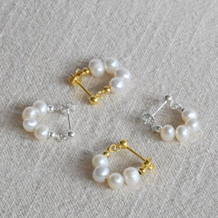 Delicate small hoop earrings, freshwater pearls, 925 silver plated with 18K gold