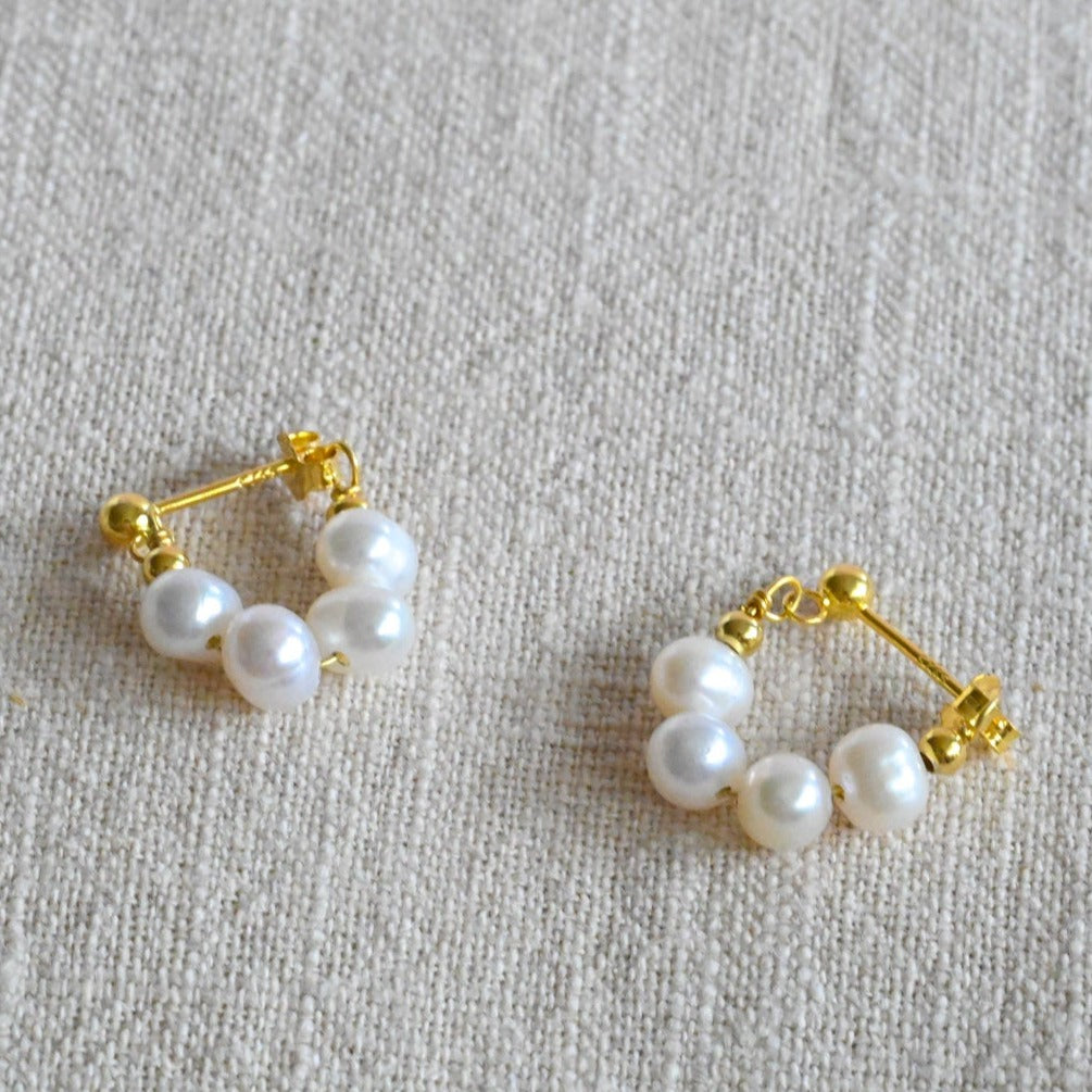 Delicate small hoop earrings, freshwater pearls, 925 silver plated with 18K gold