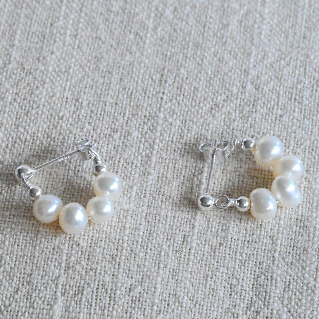Delicate small hoop earrings, freshwater pearls, 925 silver plated with 18K gold