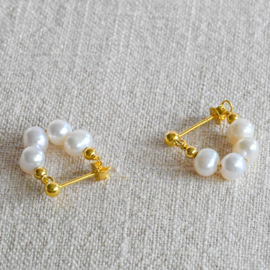 Delicate small hoop earrings, freshwater pearls, 925 silver plated with 18K gold