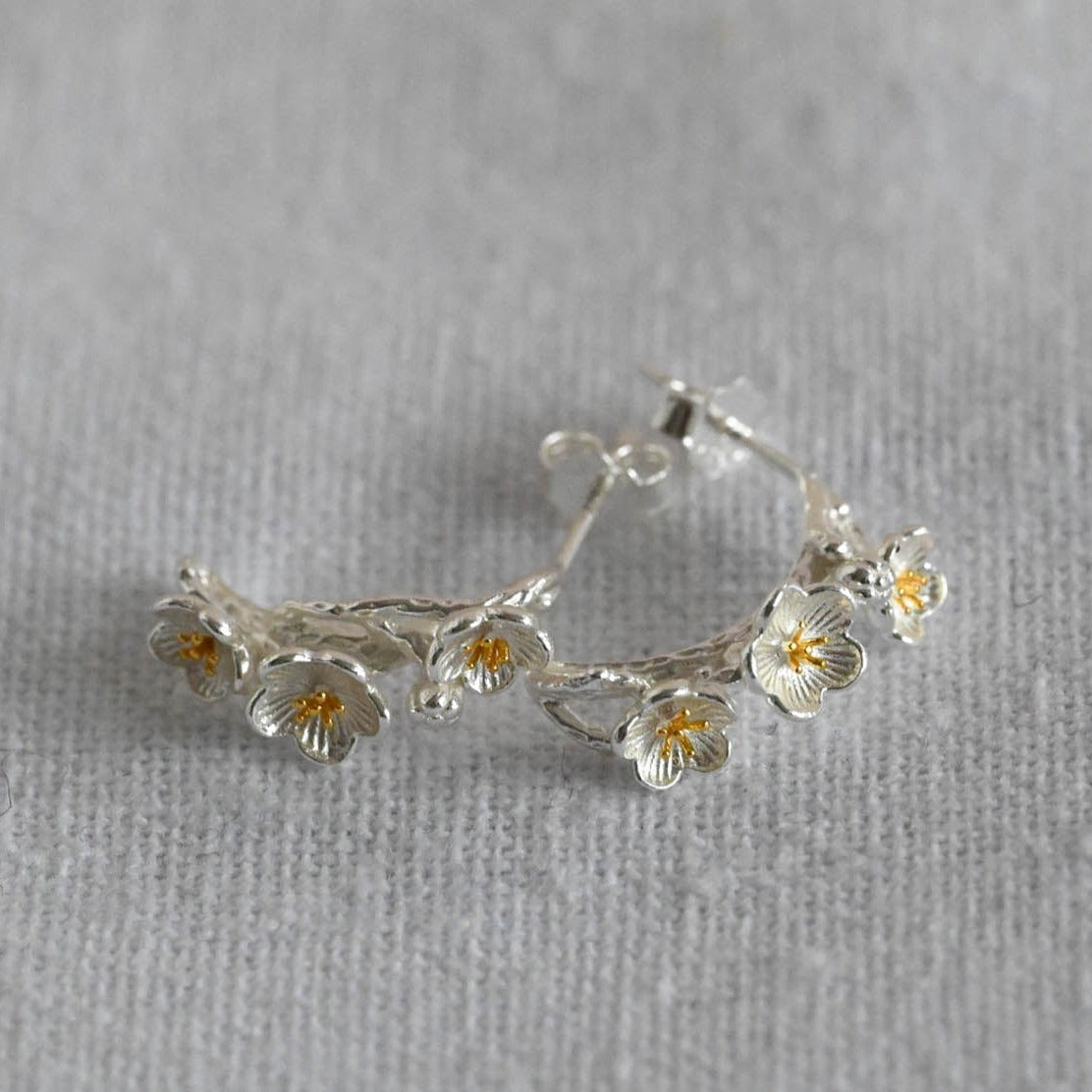Half Hoop Earrings Spring Flowers, 925 Silver, 18K Gold