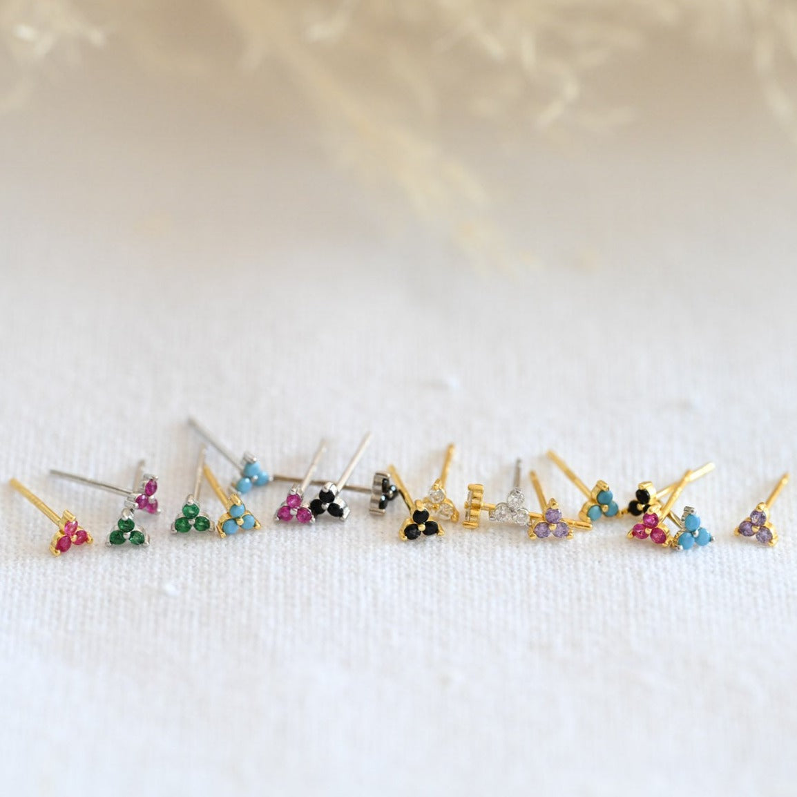 Minimalist tiny 3 leaf flower stud earrings, 925 silver, 14K gold, zircon