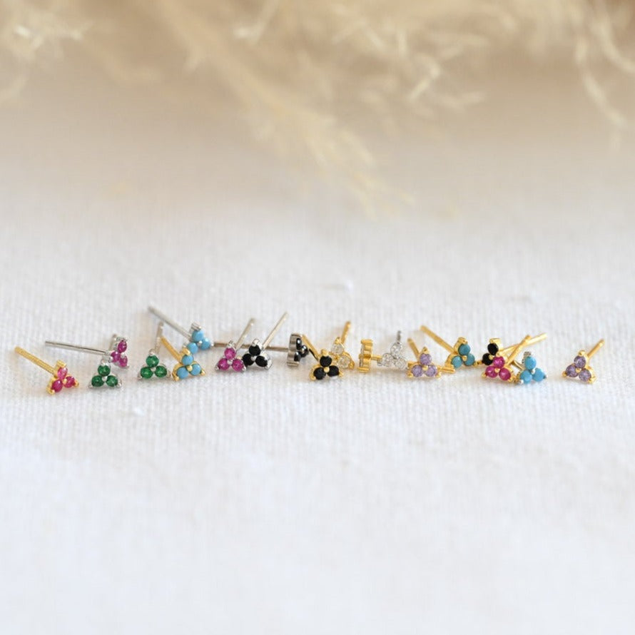 Minimalist tiny 3 leaf flower stud earrings, 925 silver, 14K gold, zircon