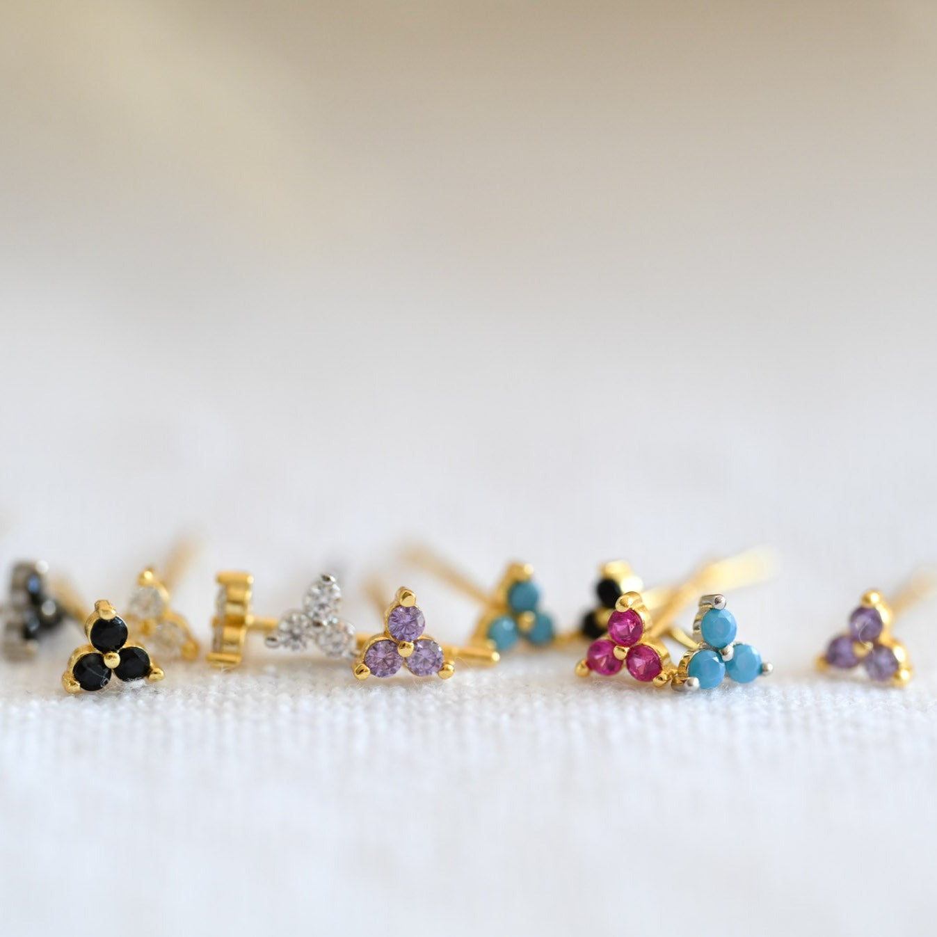 Minimalist tiny 3 leaf flower stud earrings, 925 silver, 14K gold, zircon