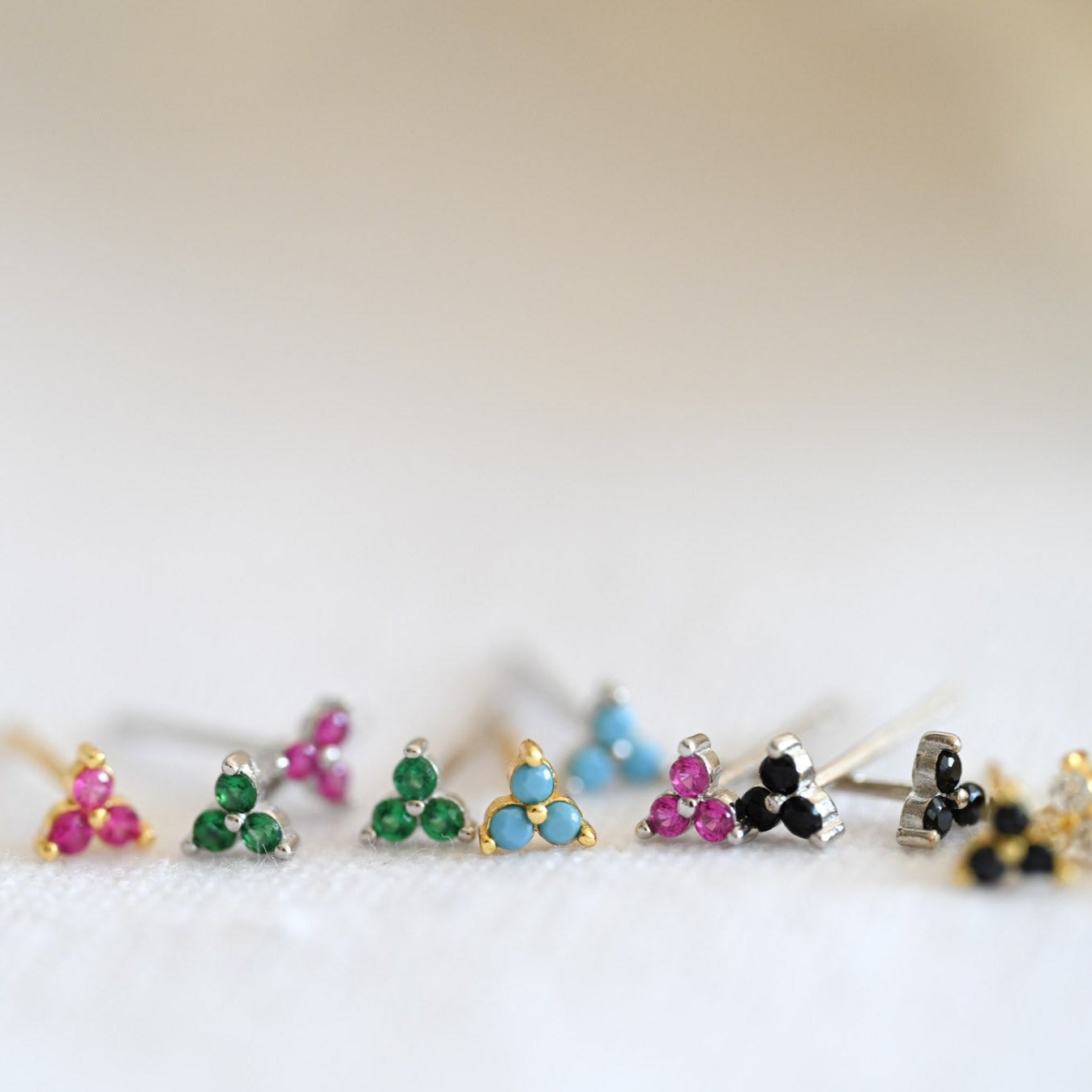Minimalist tiny 3 leaf flower stud earrings, 925 silver, 14K gold, zircon