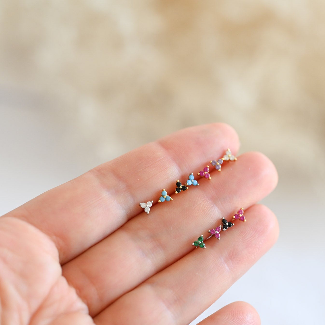 Minimalist tiny 3 leaf flower stud earrings, 925 silver, 14K gold, zircon