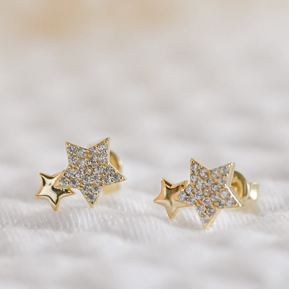 Minimalist stud earrings with two stars, 925 silver, 14K gold