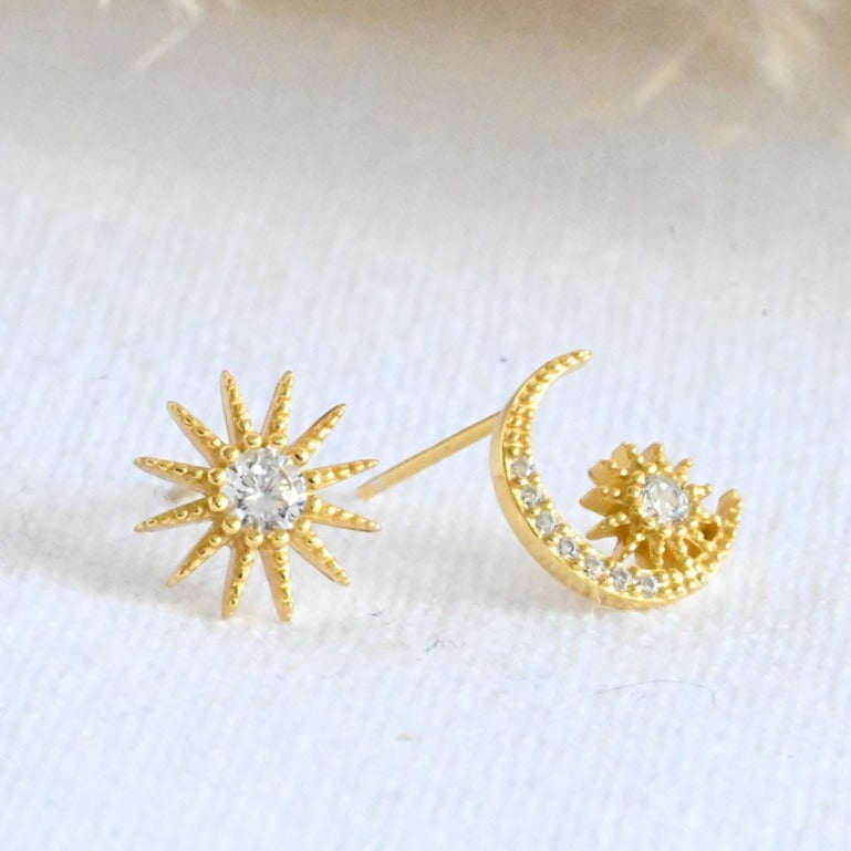 Moon and Stars Stud Earrings, 925 Silver