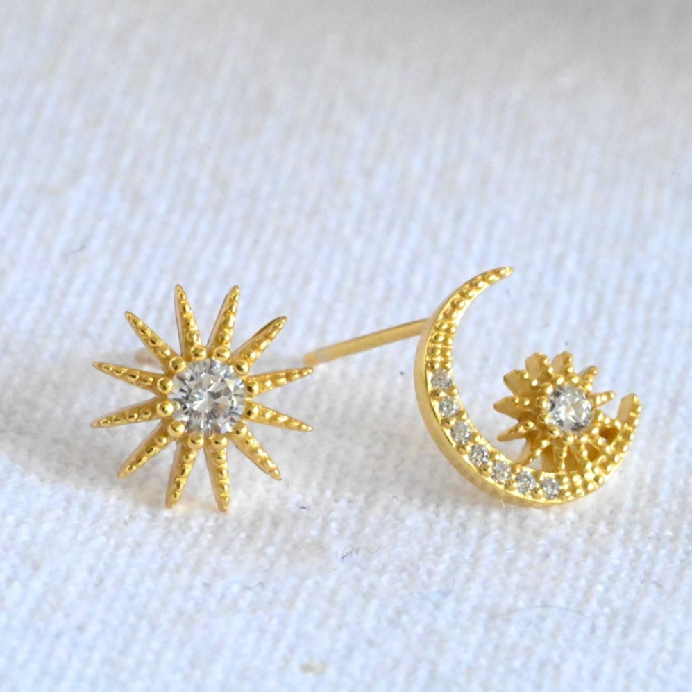 Moon and Stars Stud Earrings, 925 Silver