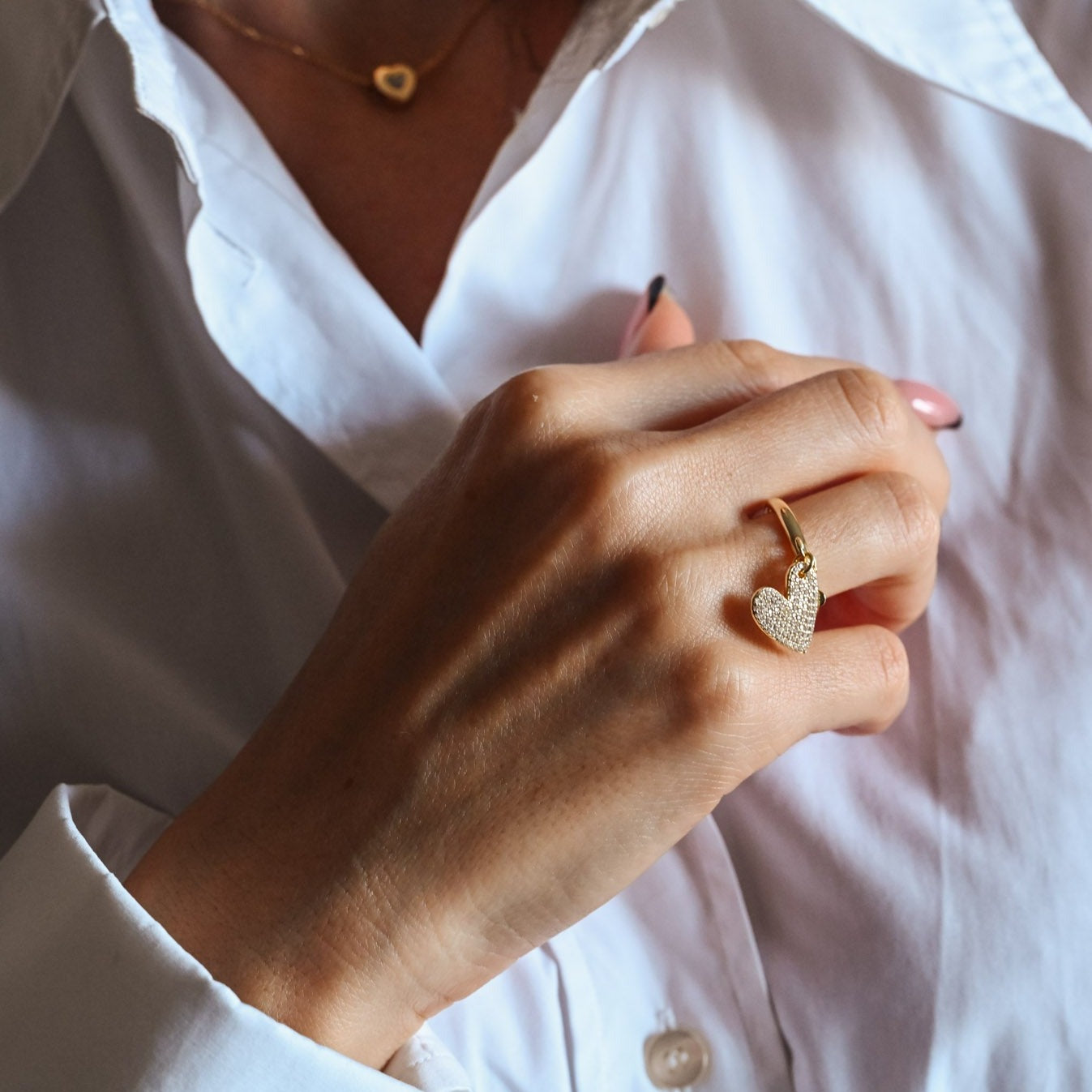 Ring large heart and mini heart, 925 silver, 14K gold