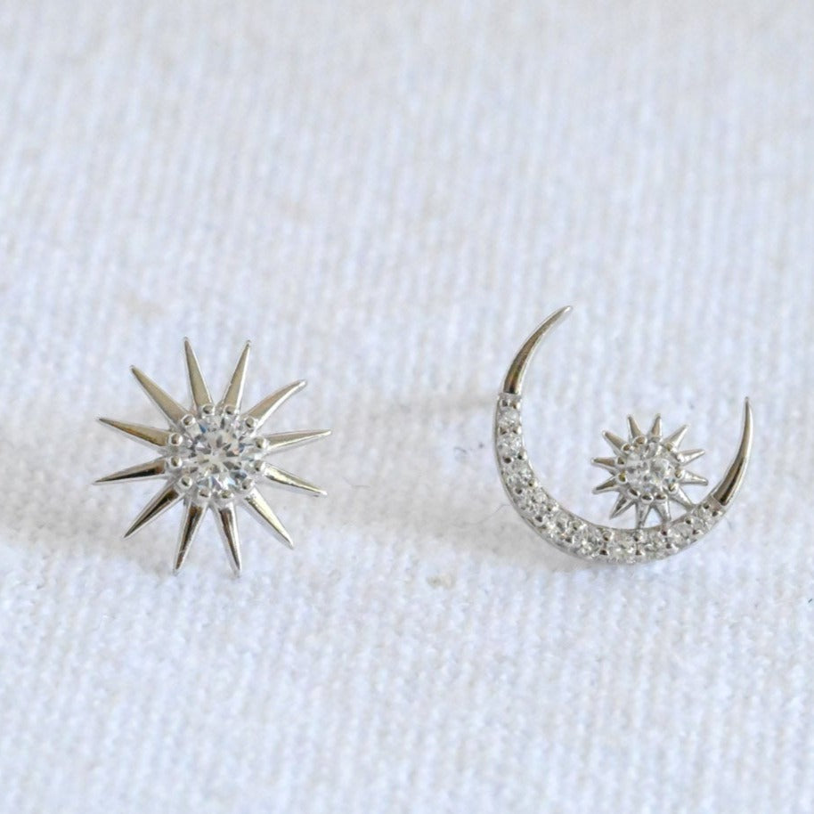 Moon and Stars Stud Earrings, 925 Silver