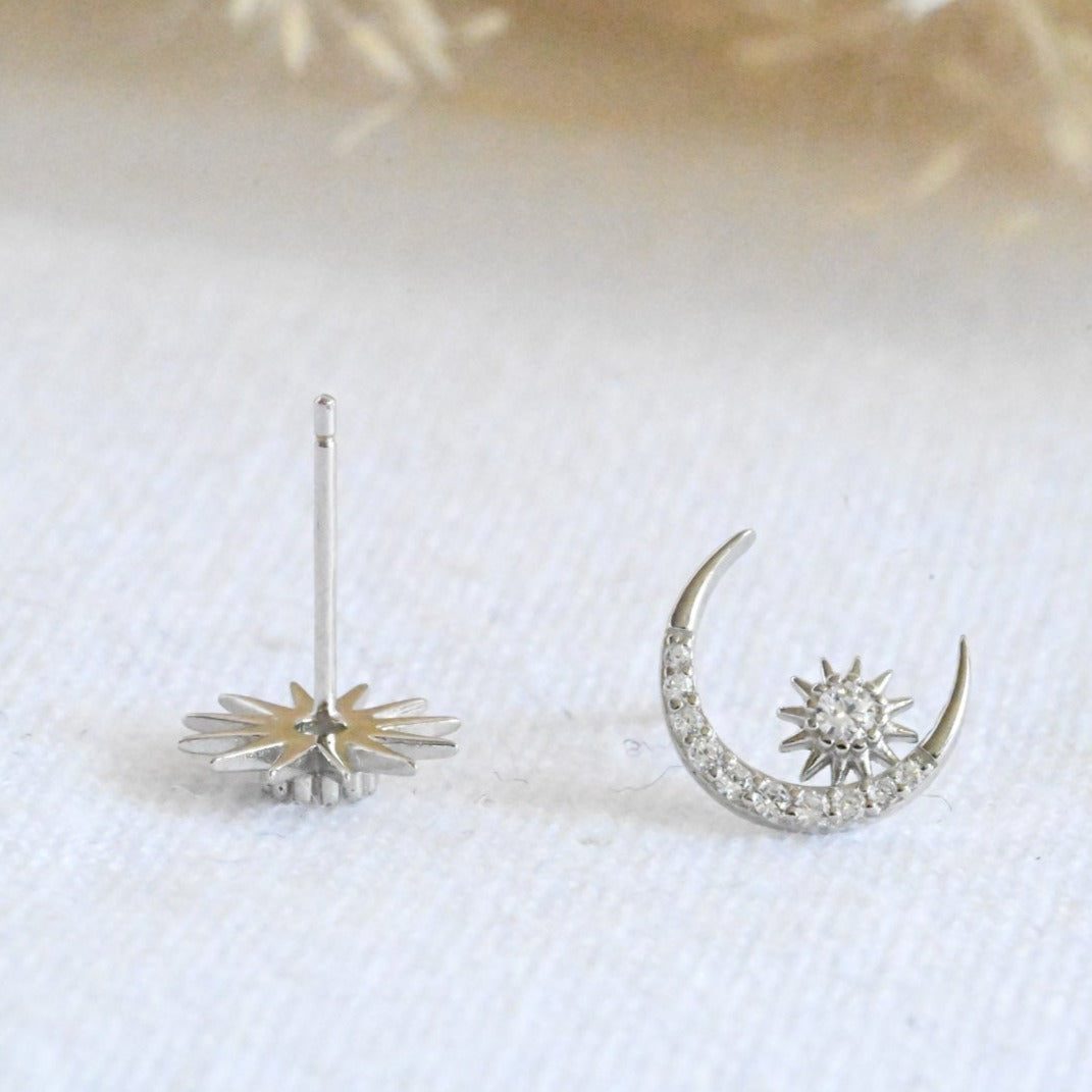Moon and Stars Stud Earrings, 925 Silver