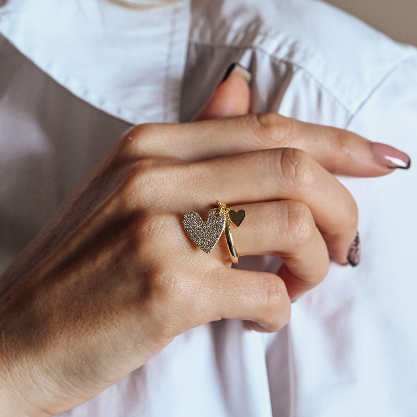Ring large heart and mini heart, 925 silver, 14K gold