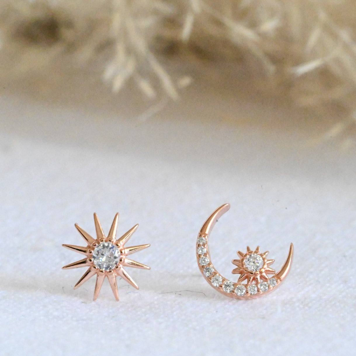 Moon and Stars Stud Earrings, 925 Silver