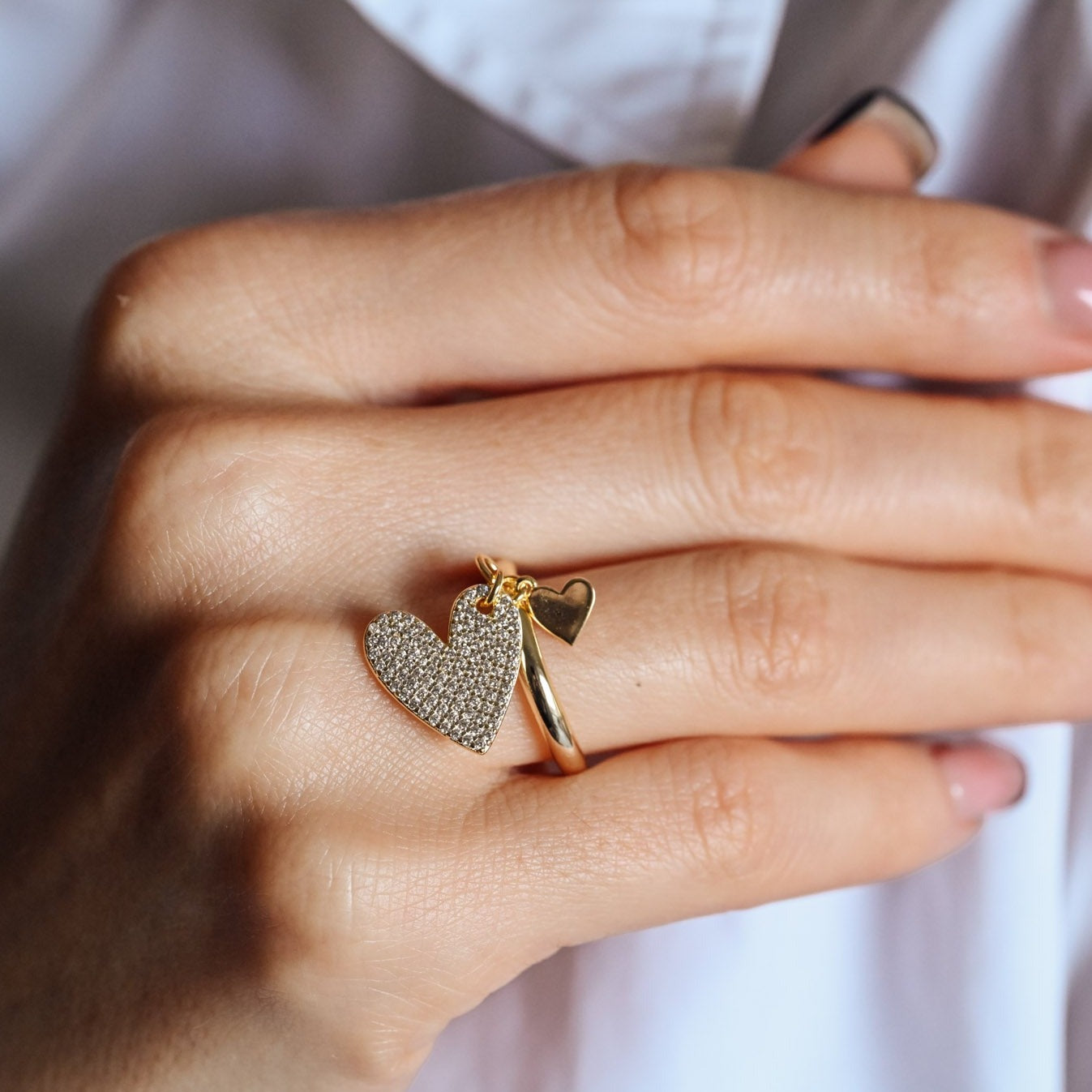 Ring large heart and mini heart, 925 silver, 14K gold