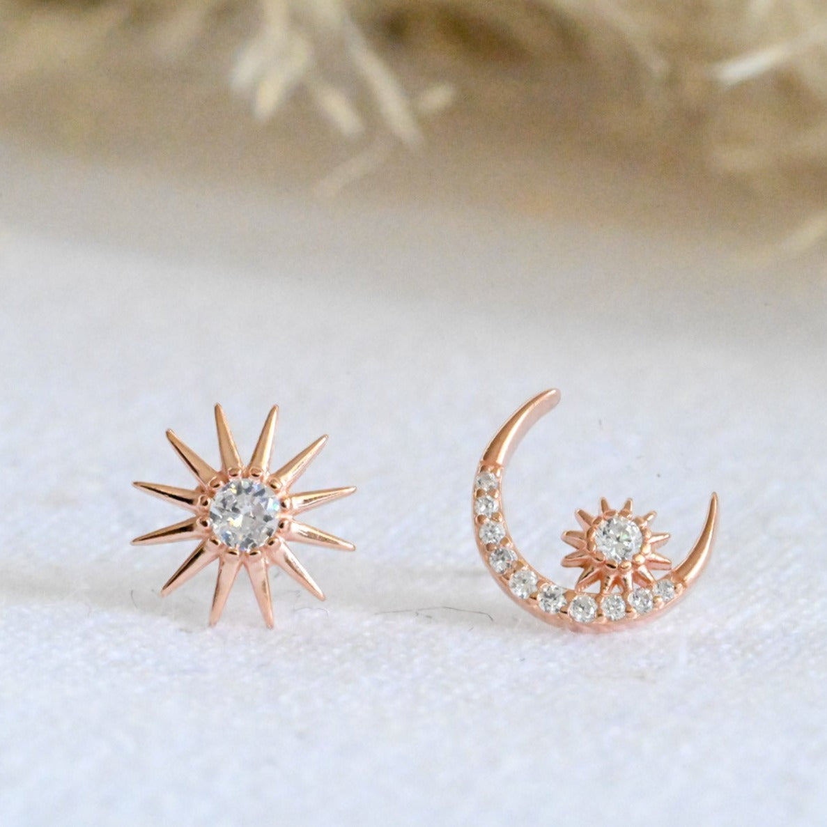 Moon and Stars Stud Earrings, 925 Silver