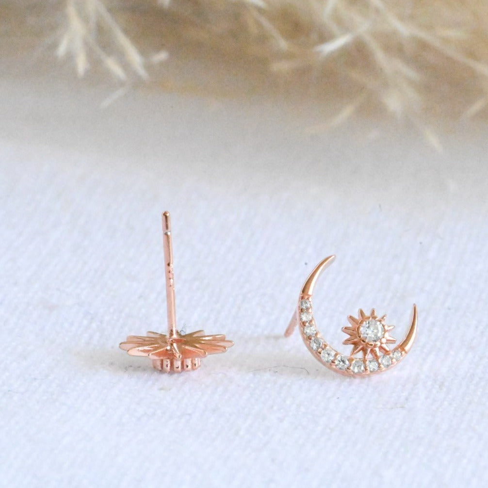 Moon and Stars Stud Earrings, 925 Silver