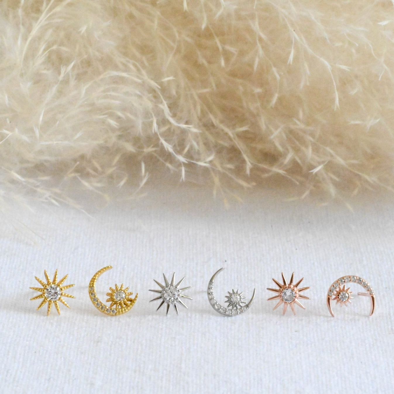 Moon and Stars Stud Earrings, 925 Silver