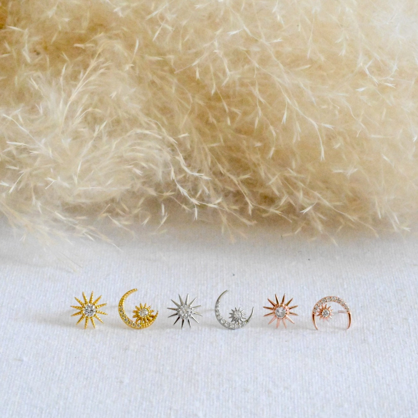 Moon and Stars Stud Earrings, 925 Silver