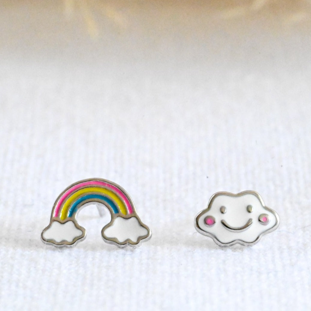Rainbow and cloud girl earrings, 925 silver enameled