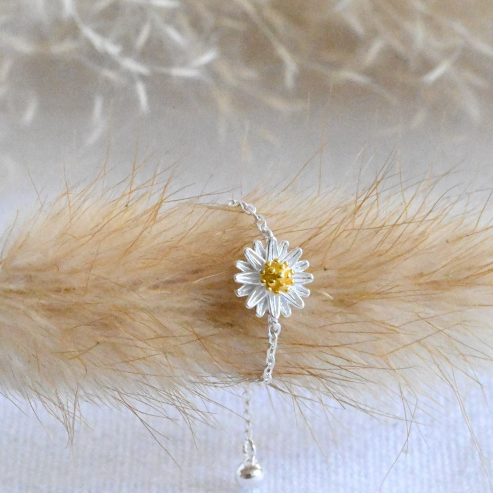 Adjustable chain ring with daisies, 925 silver, 18K gold