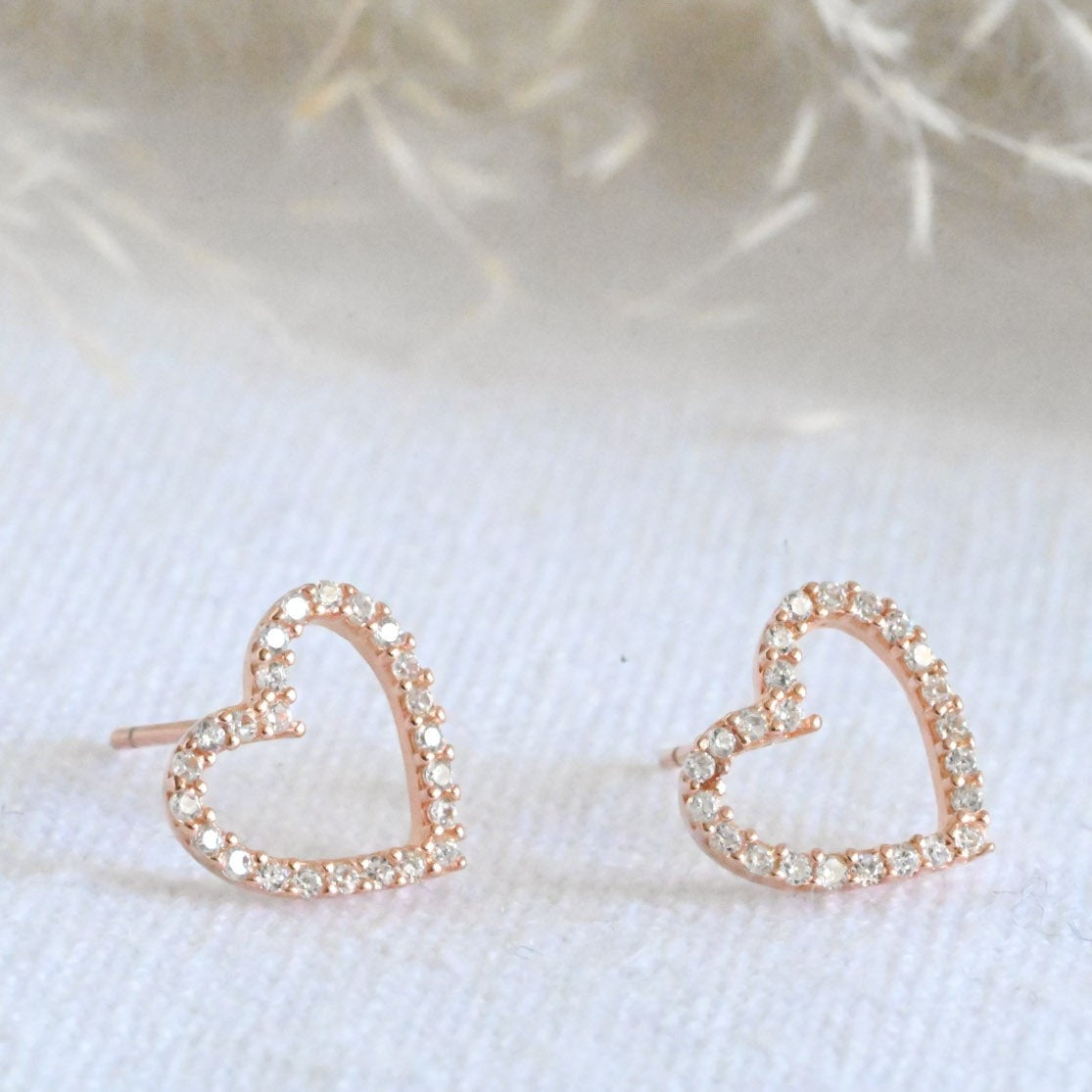 Open Heart Stud Earrings, 925 Silver, Rose Gold