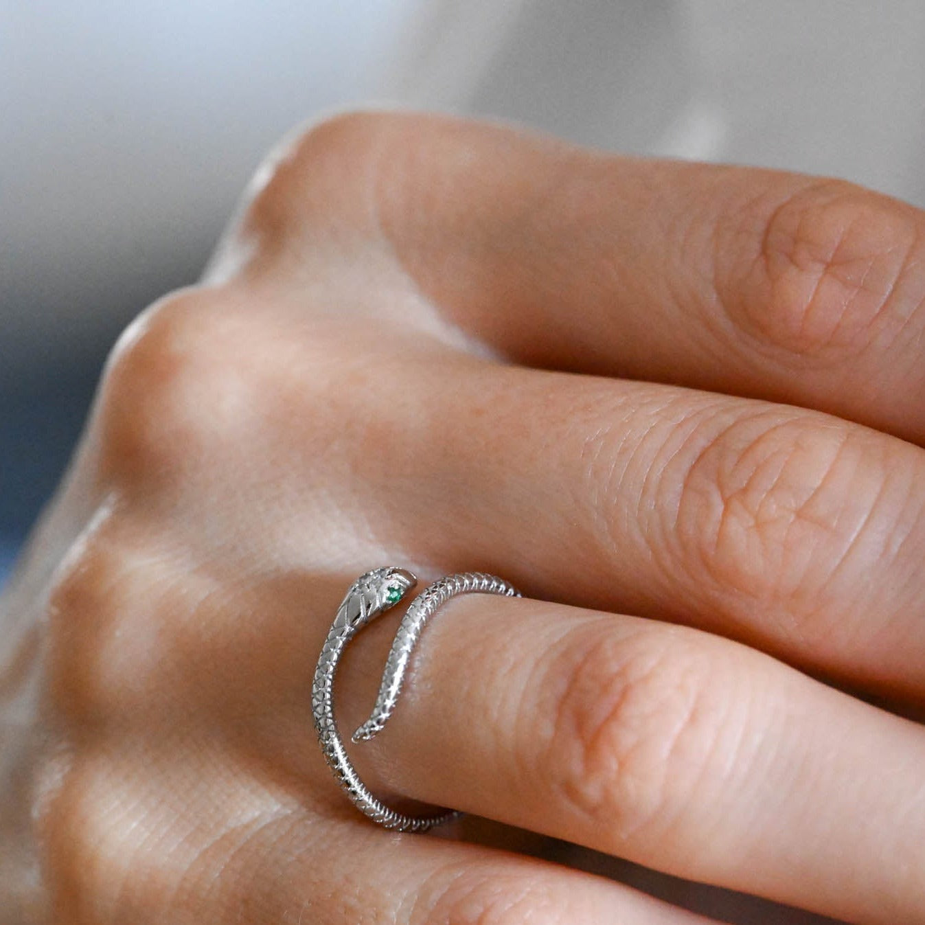 Adjustable ring "Snake with green eyes"