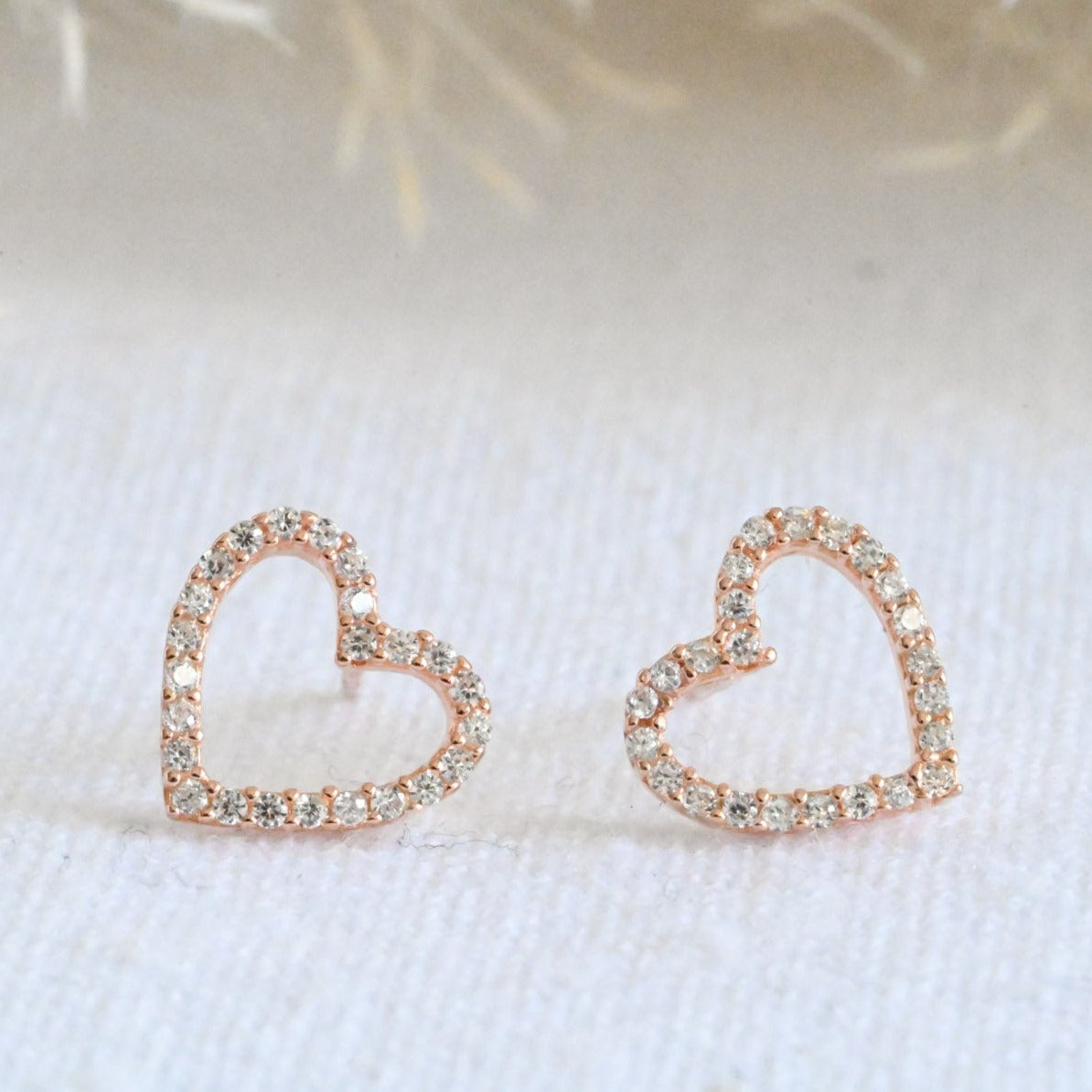 Open Heart Stud Earrings, 925 Silver, Rose Gold