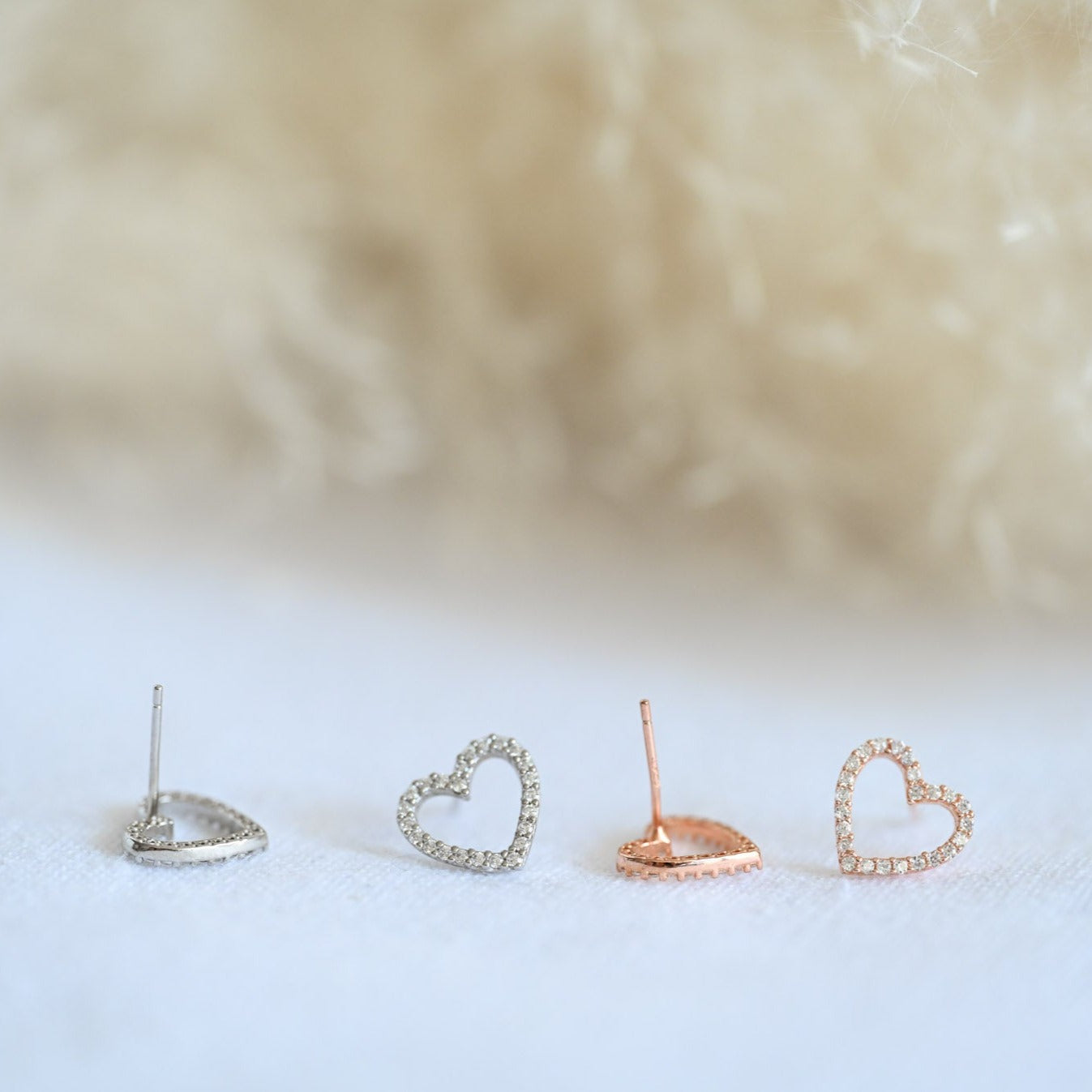 Open Heart Stud Earrings, 925 Silver, Rose Gold