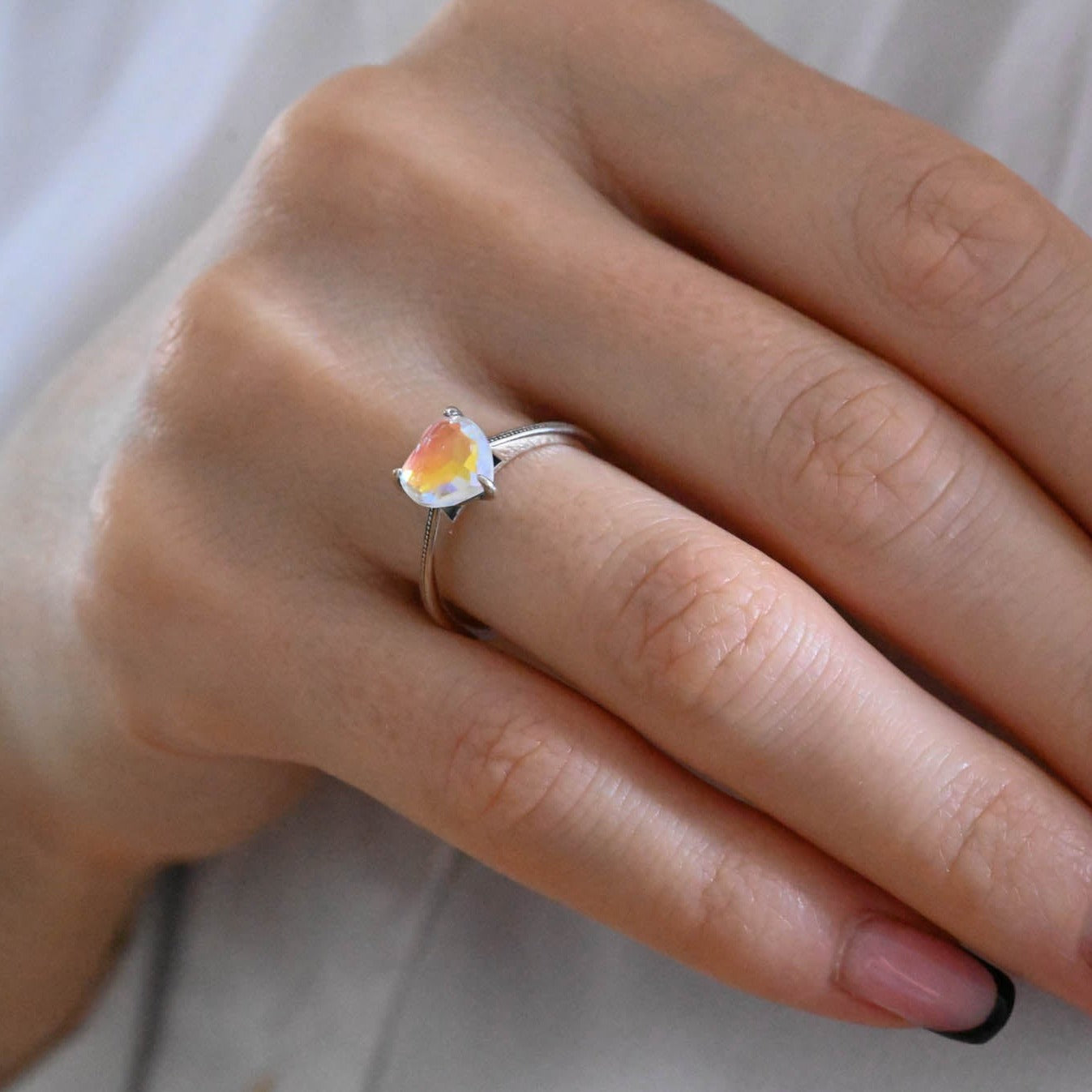 Ring with large rainbow crystal, 925 silver