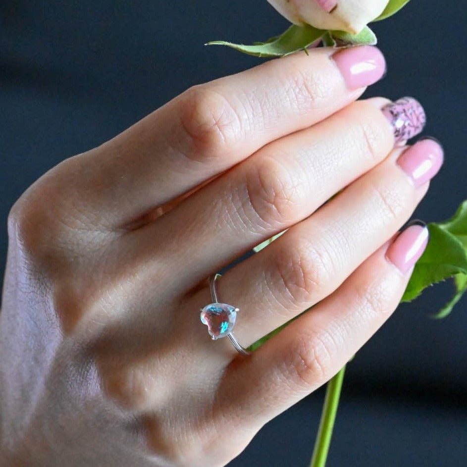 Ring with large rainbow crystal, 925 silver