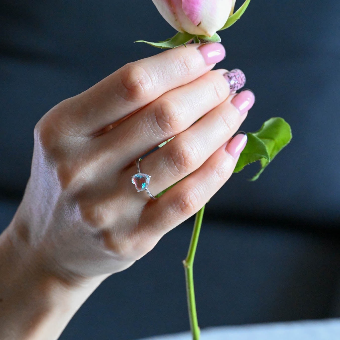Ring with large rainbow crystal, 925 silver