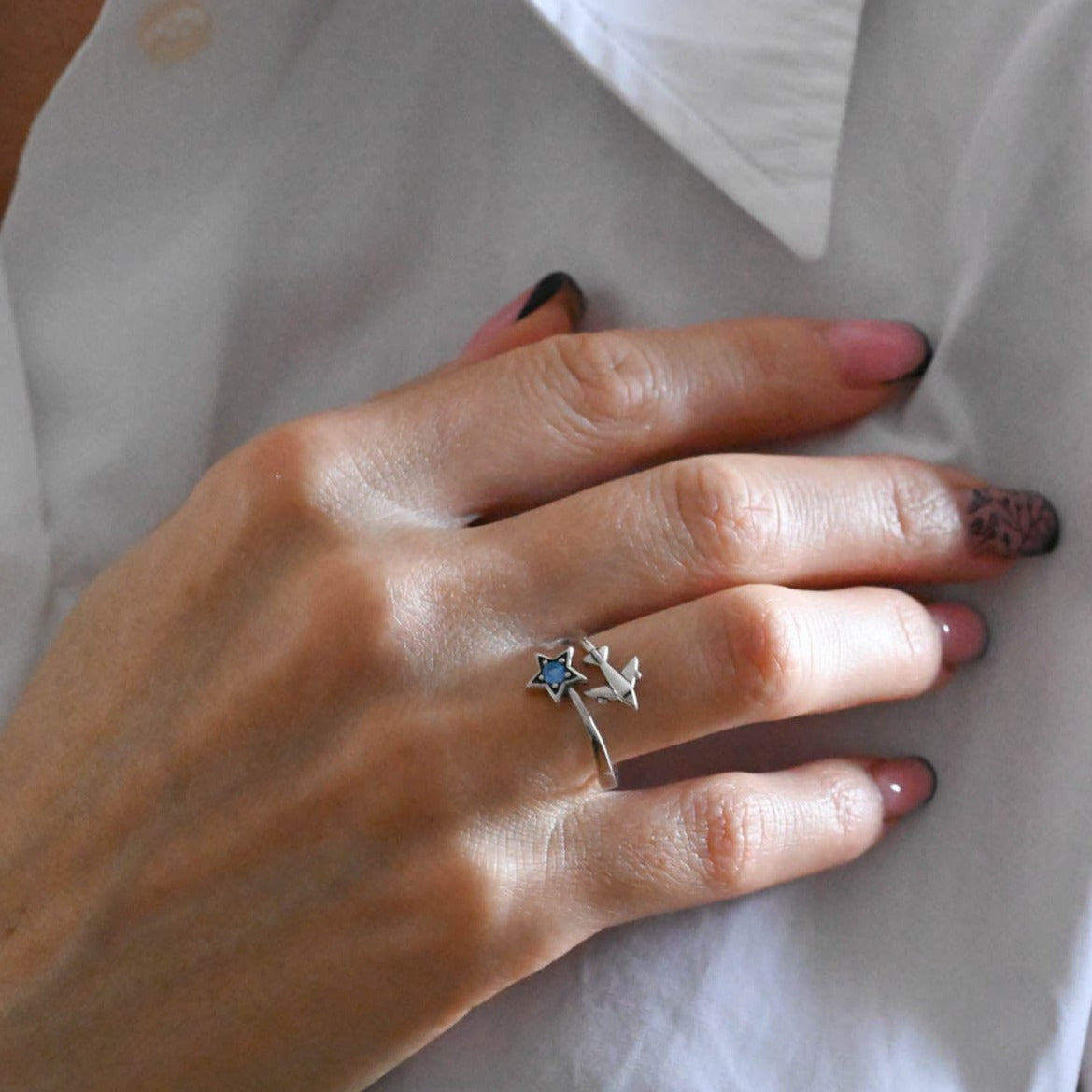 Open Ring "Flying Airplane and Star"
