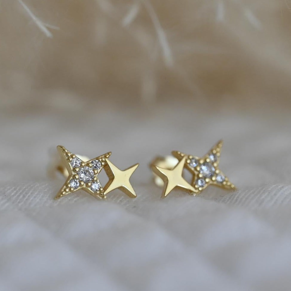 Small Two Star Stud Earrings, 925 Silver, 14K Gold