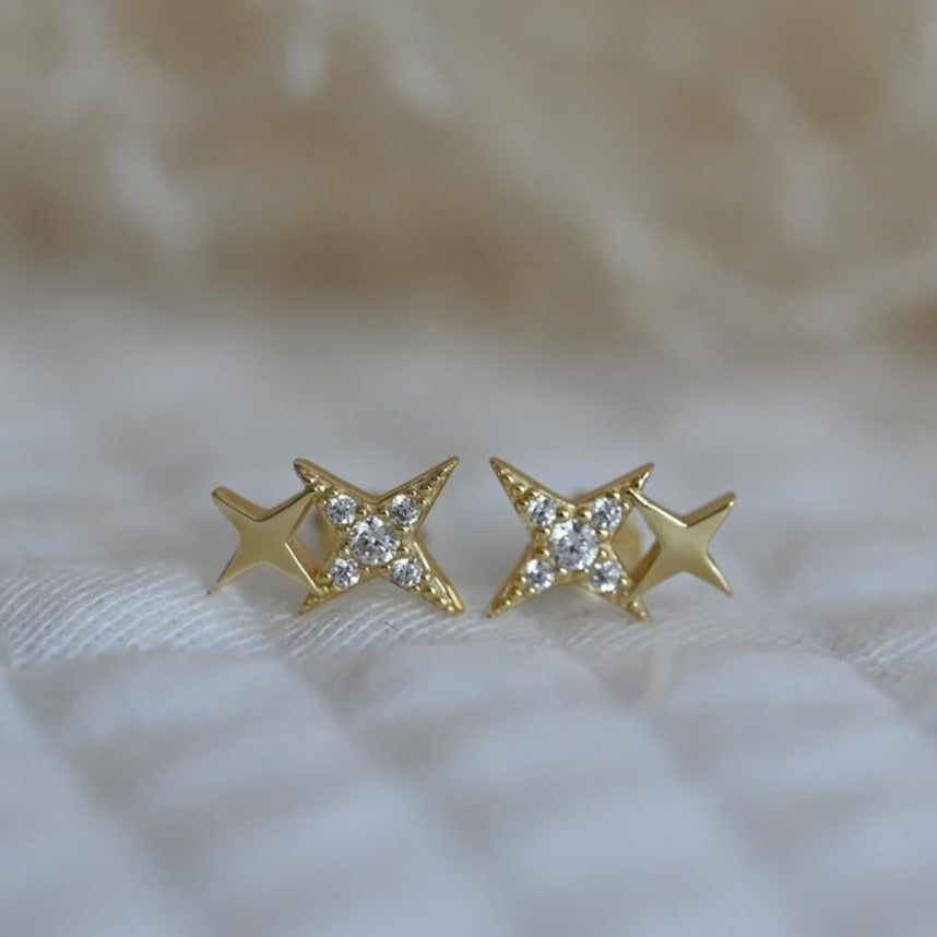 Small Two Star Stud Earrings, 925 Silver, 14K Gold
