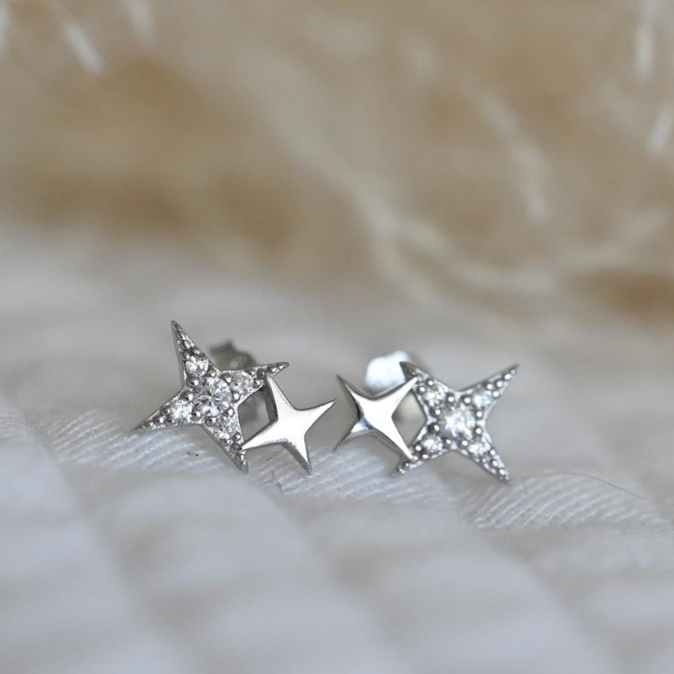Small Two Star Stud Earrings, 925 Silver, 14K Gold