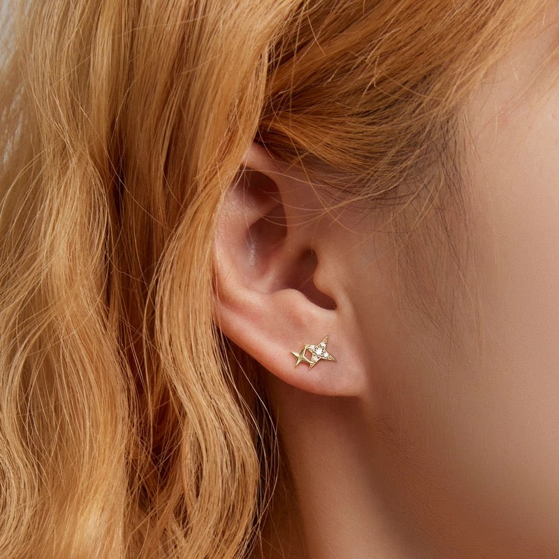 Small Two Star Stud Earrings, 925 Silver, 14K Gold