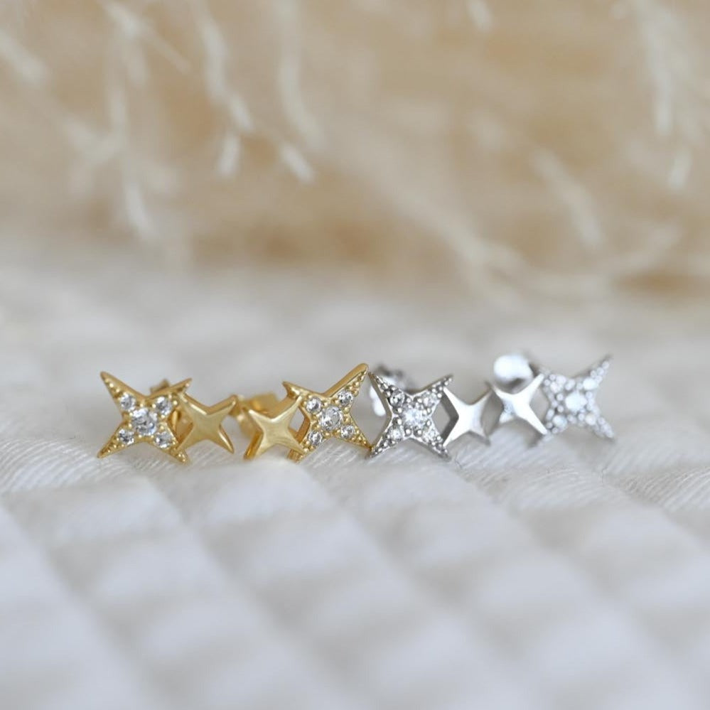 Small Two Star Stud Earrings, 925 Silver, 14K Gold
