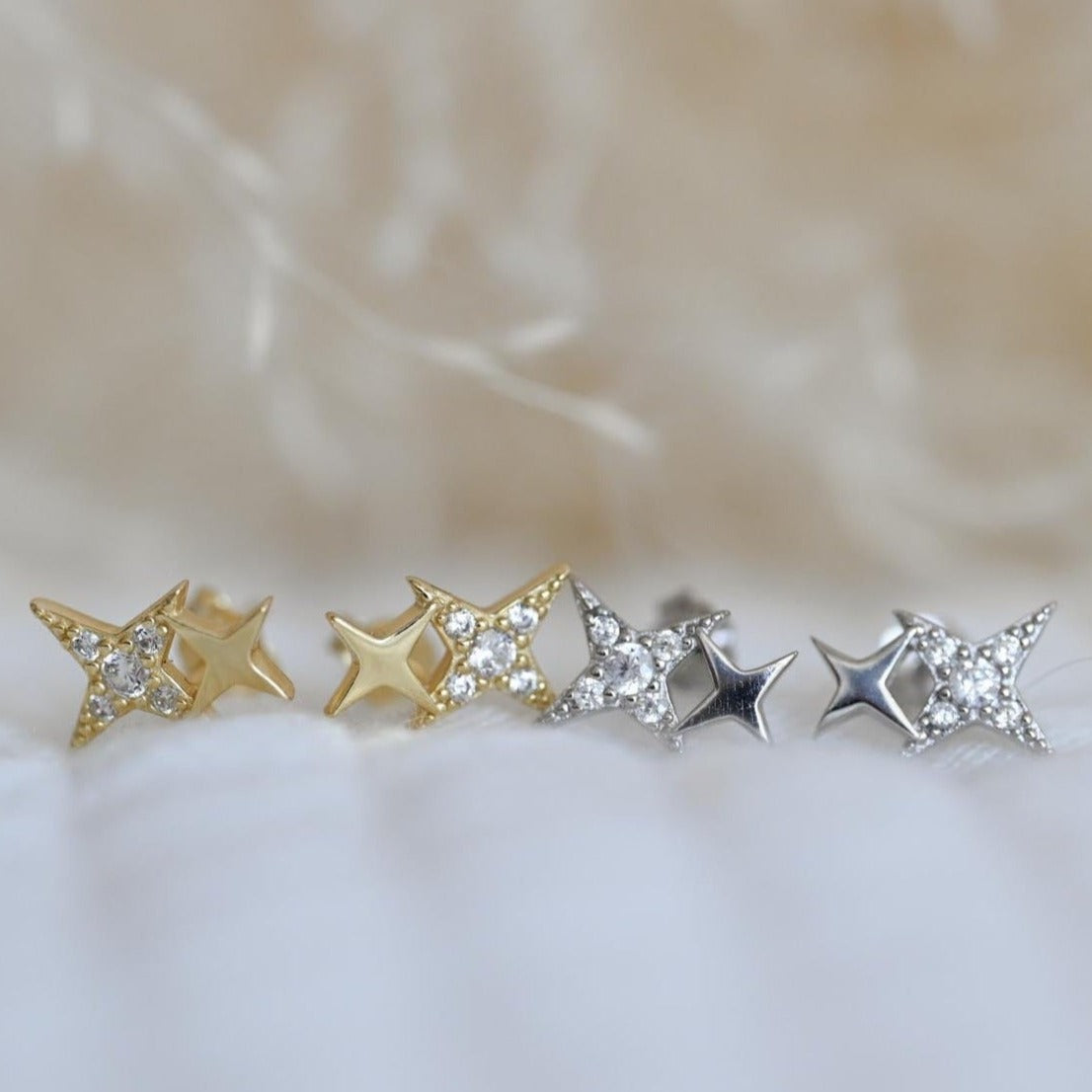 Small Two Star Stud Earrings, 925 Silver, 14K Gold