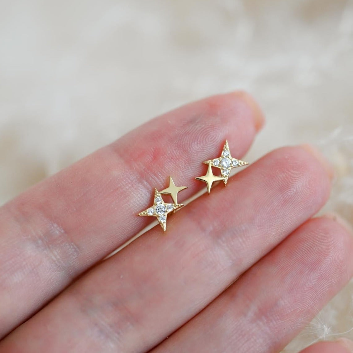 Small Two Star Stud Earrings, 925 Silver, 14K Gold