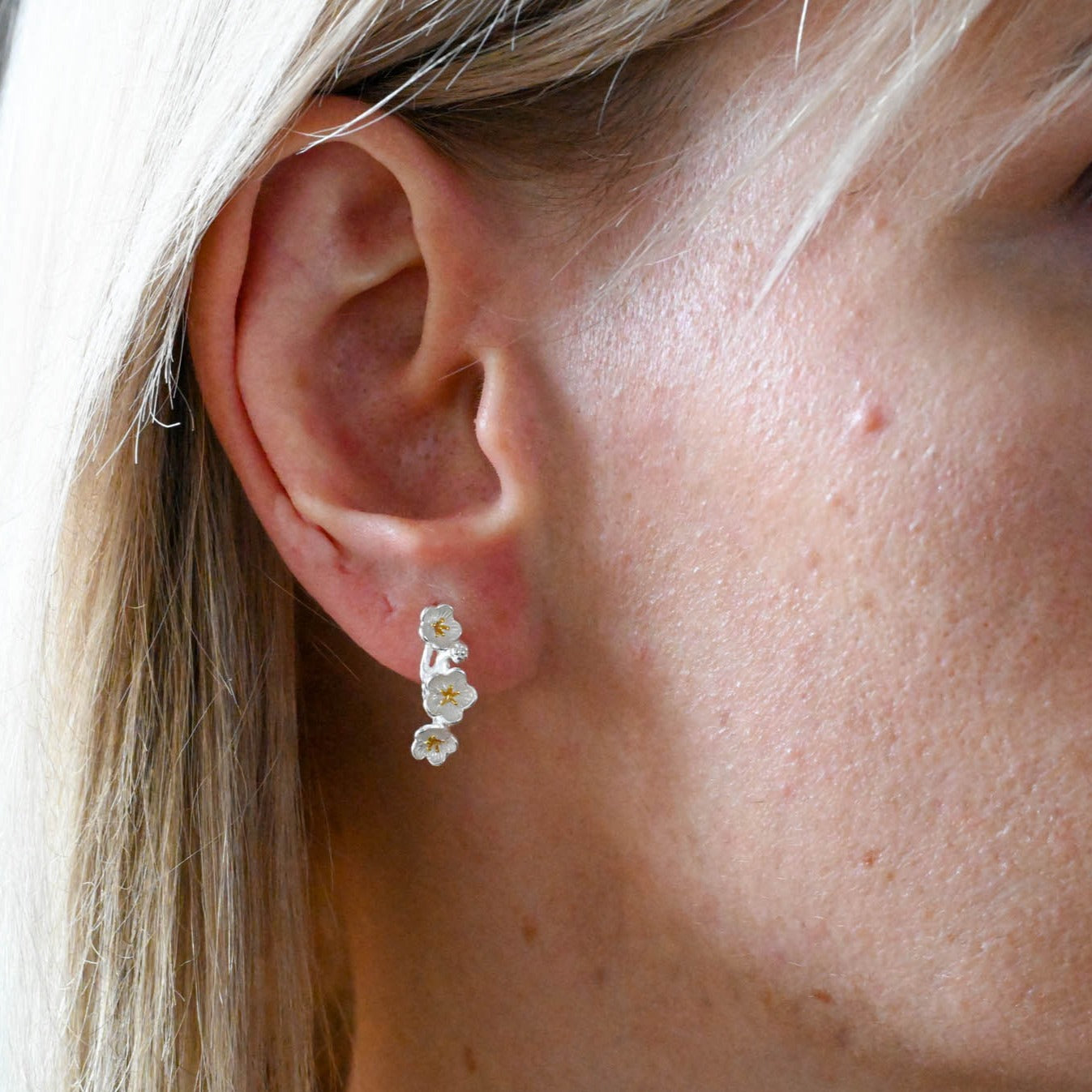 Half Hoop Earrings Spring Flowers, 925 Silver, 18K Gold