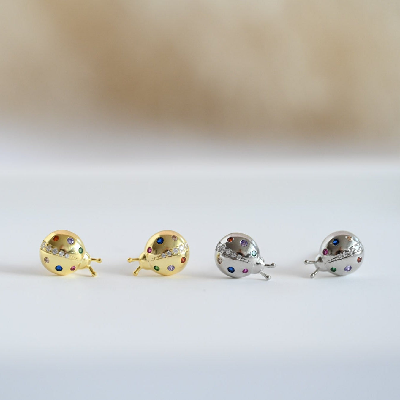 925 Sterling Silver 18K Gold Ladybug Stud Earrings, Colorful Zircon Stones